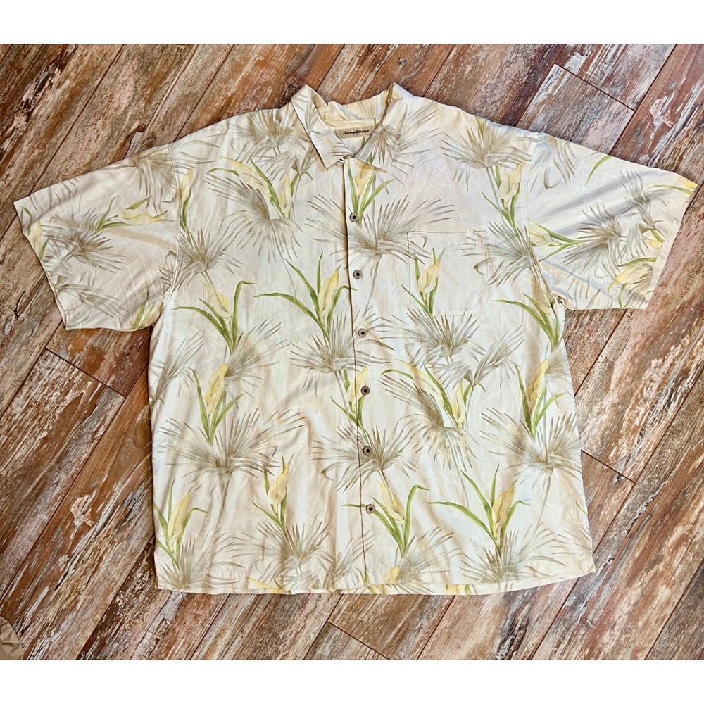 Tommy Bahama Mens XXL Silk Tropical Palm Floral Camp Shirt Cream Sage Green
